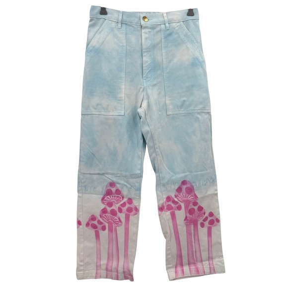 Big Bud Press Pants - BIG BUD PRESS High‎ Rise Work Pants Airbrush Blue Tie Dye Pink Mushroom Print S